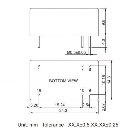 YTB15 EMC compliant DC-DC converter Markings and Dimensions