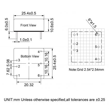 76DW-6W EN50155 Encapsulated Power Module Markings and Dimensions
