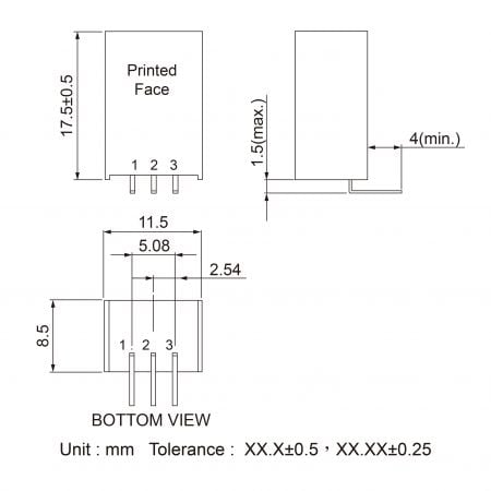08DC-500L Industrial Power Supply DC-DC Markings and Dimensions