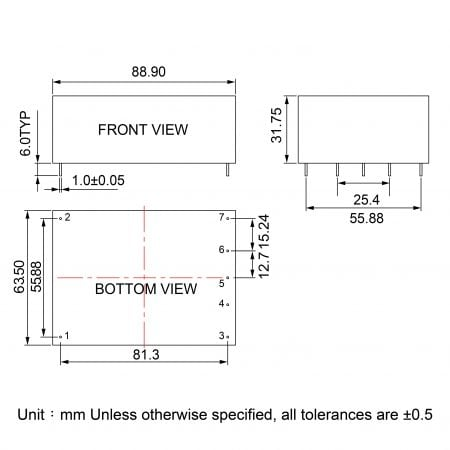 GA030 compact power module pcb Markings and Dimensions