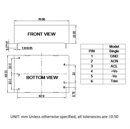 GA25H1 high insulation AC-DC power supply Markings and Dimensions