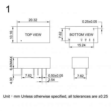 25D DC-DC Power Module Markings and Dimensions (Package 1)