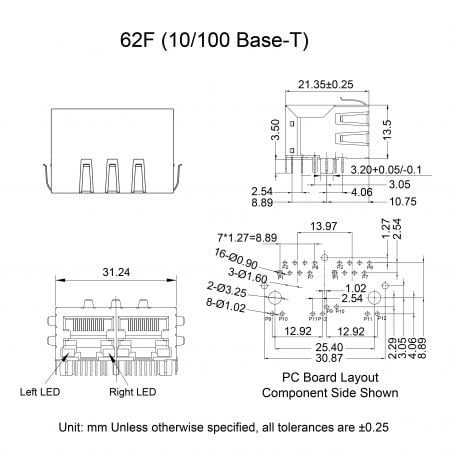 62F shielded RJ45 connector with magnetics Mechanicals and Dimensions (10/100 Base-T)