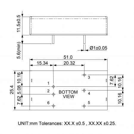 95DW-B3 encapsulated DC-DC converter Markings and Dimensions