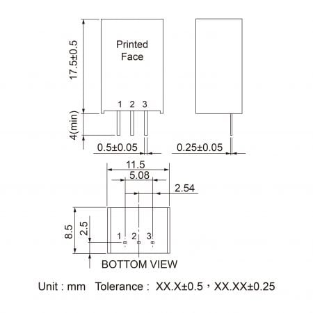 08DC-500 Industrial Power Supply DC-DC Markings and Dimensions