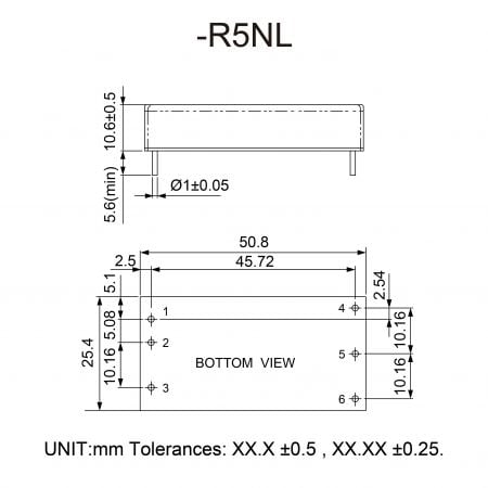 96D-R5 Short Circuit Protection DC-DC Module Markings and Dimensions