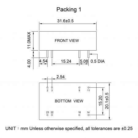 68DC-3W Encapsulated DC-DC Converter Packing 1 Markings and Dimensions