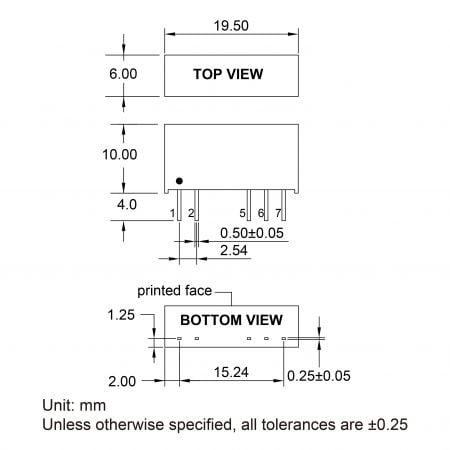 12DC-2W SIP Power Solution Markings and Dimensions