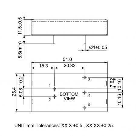 61D-BNL DIL DC-DC Converter Markings and Dimensions