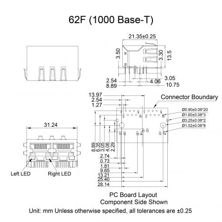 62F shielded RJ45 connector with magnetics Mechanicals and Dimensions (1000 Base-T)