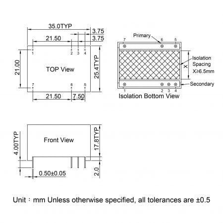 GA5A compact 5~6W isolated power supply Markings and Dimensions