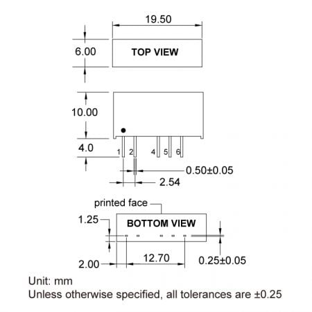 14DC-2W Custom DC-DC converter design Markings and Dimensions