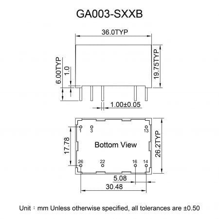 GA003-SXXB OEM/ODM AC-DC Converter Markings and Dimensions