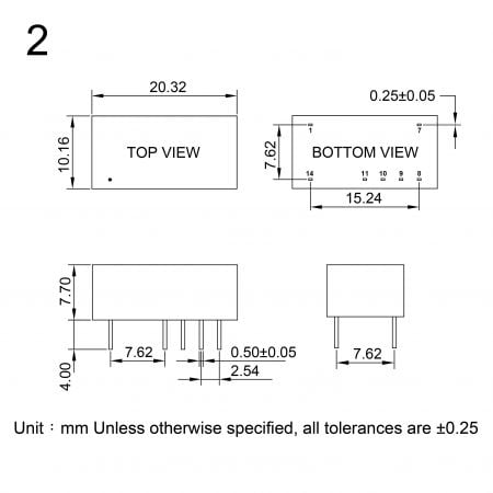 25D DC-DC Power Module Markings and Dimensions (Package 2)
