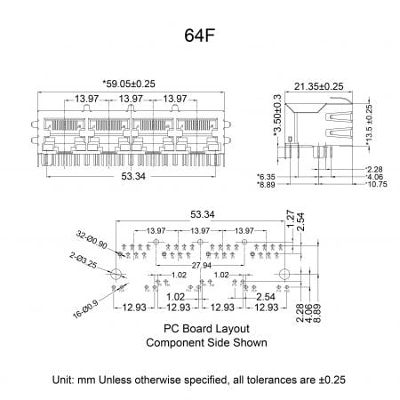 64F shielded RJ45 connector with magnetics Mechanicals and Dimensions