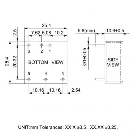 68DW20 through hole DC DC converter Markings and Dimensions