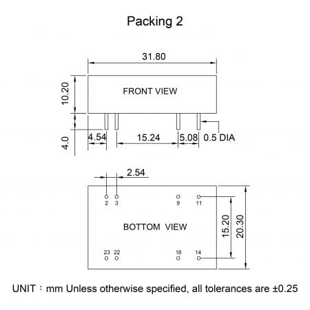68DC-6W Encapsulated DC-DC Converter Packing 2 Markings and Dimensions