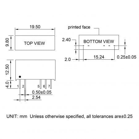 12D1C-2W High Efficiency DC-DC Converter Markings and Dimensions