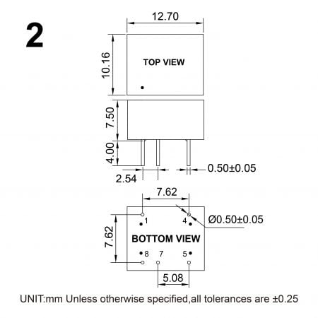 13DC-3W Board mount DC to DC converter Markings and Dimensions