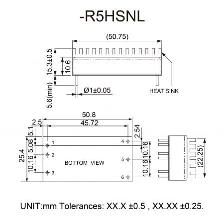 96DW-R5 Short Circuit Protection DC-DC Module Markings and Dimensions(with Heat Sink)