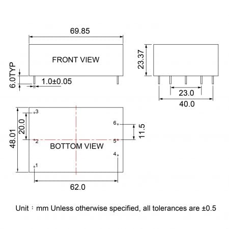 GA015 compact power module pcb Markings and Dimensions