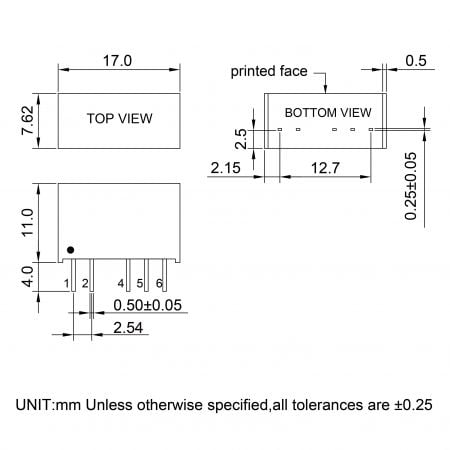 34DZ Custom DC-DC converter design Markings and Dimensions