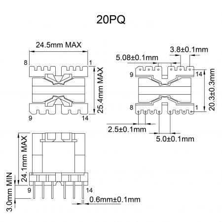 20PQ Compact Power Transformer PQ Type Mechanicals and Dimensions