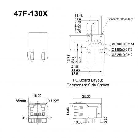 47F-130X Bulk Gigabit RJ45 with Magnetics Mechanicals and Dimensions
