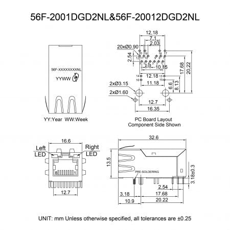 56F-2001DGD2NL&56F-20012DGD2NL shielded RJ45 magjack Mechanicals and Dimensions