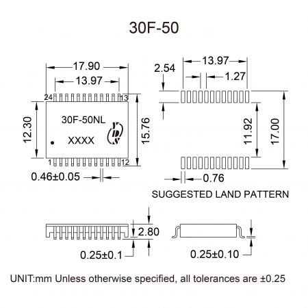 30F-50NL Industrial PCB Mount LAN Filter Mechanicals and Dimensions