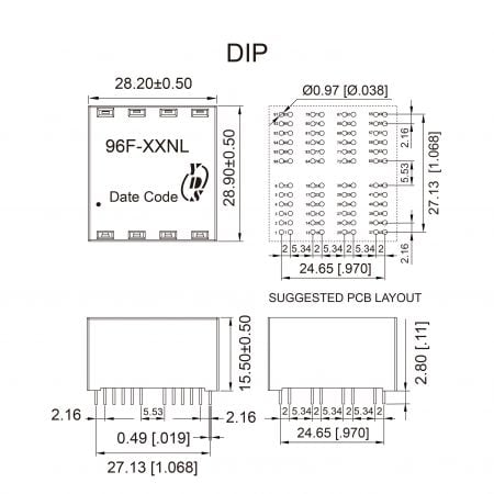 96F industrial ethernet magnetics Mechanicals and Dimensions
