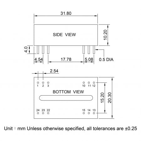 52D industrial DC-DC power module Markings and Dimensions