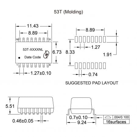 53T Industrial ISDN interface transformer Mechanicals and Dimensions