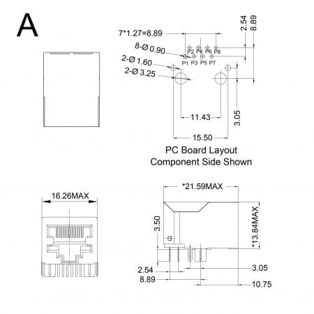 12F/14F-1X Single Port Magjack Mechanicals and Dimensions Type A
