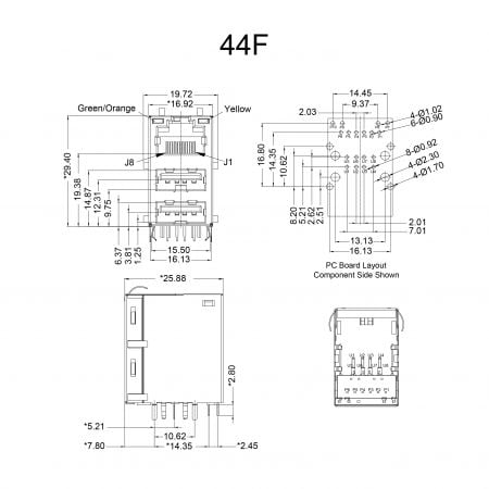 44F RJ45 USB Stacked Connector Mechanicals and Dimensions