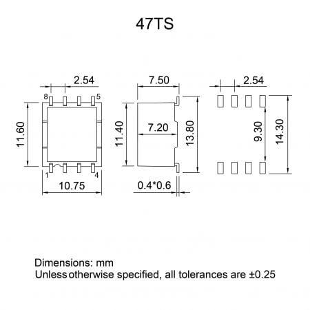 47TS UL Recognized Telecom Magnetics Mechanicals and Dimensions