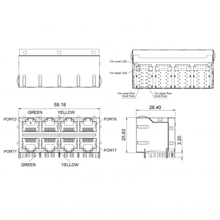 74F high density RJ45 connector 2x4 Mechanicals and Dimensions