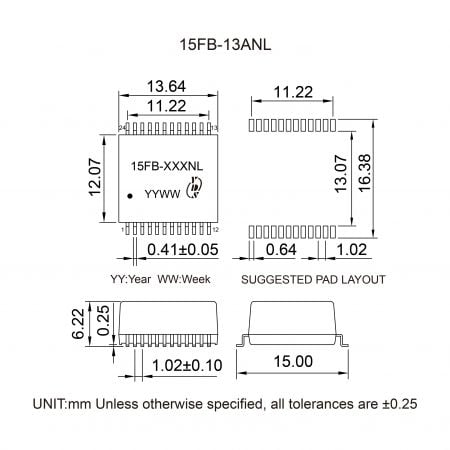 15FB-13ANL High Performance 2.5G Magnetics Mechanicals and Dimensions