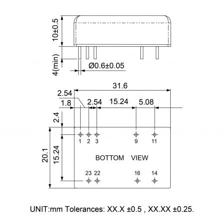 68D12 Customized DIL DC-DC Converter Markings and Dimensions