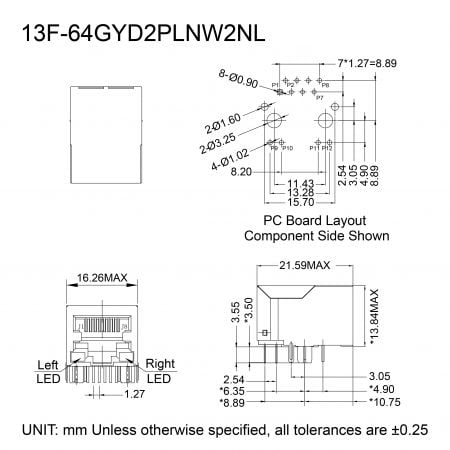 13F-64GYD2PLNW2NL 8P8C Magnetic Jack Mechanicals and Dimensions