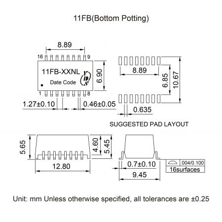 11FB Compact LAN Magnetics Markings and Dimensions