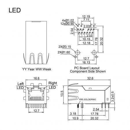 56F shielded RJ45 magjack Mechanicals and Dimensions (LED)