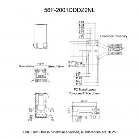 56F-2001DDDZ2NL shielded RJ45 magjack Mechanicals and Dimensions