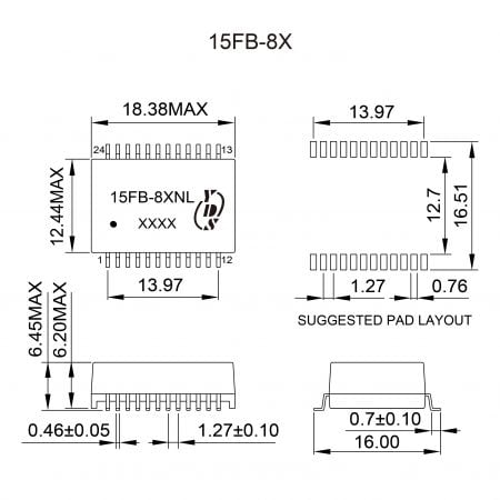 15FB-8X High Reliability Ethernet Magnetics Mechanicals and Dimensions