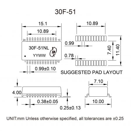 30F-51NL Industrial PCB Mount LAN Filter Mechanicals and Dimensions