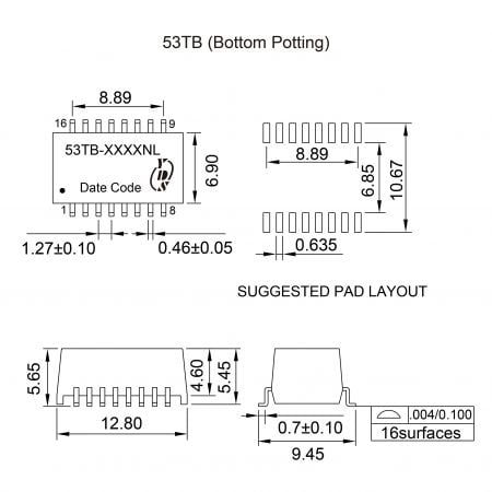 53TB Industrial ISDN interface transformer Mechanicals and Dimensions