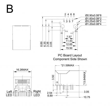 12F/14F-1X Single Port Magjack Mechanicals and Dimensions Type B