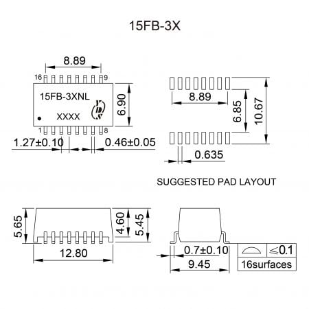 15FB-3X High Reliability Ethernet Magnetics Mechanicals and Dimensions