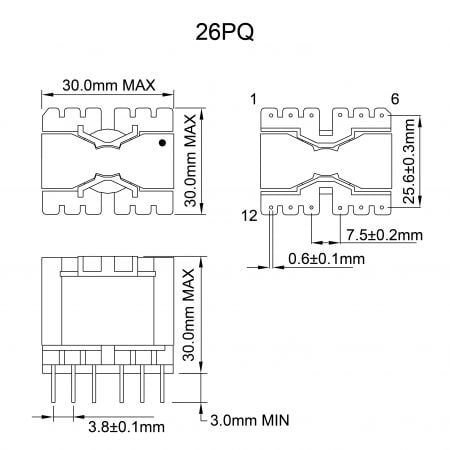 26PQ Compact Power Transformer PQ Type Mechanicals and Dimensions