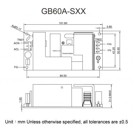 GB60A Plug-in connector power supply Markings and Dimensions